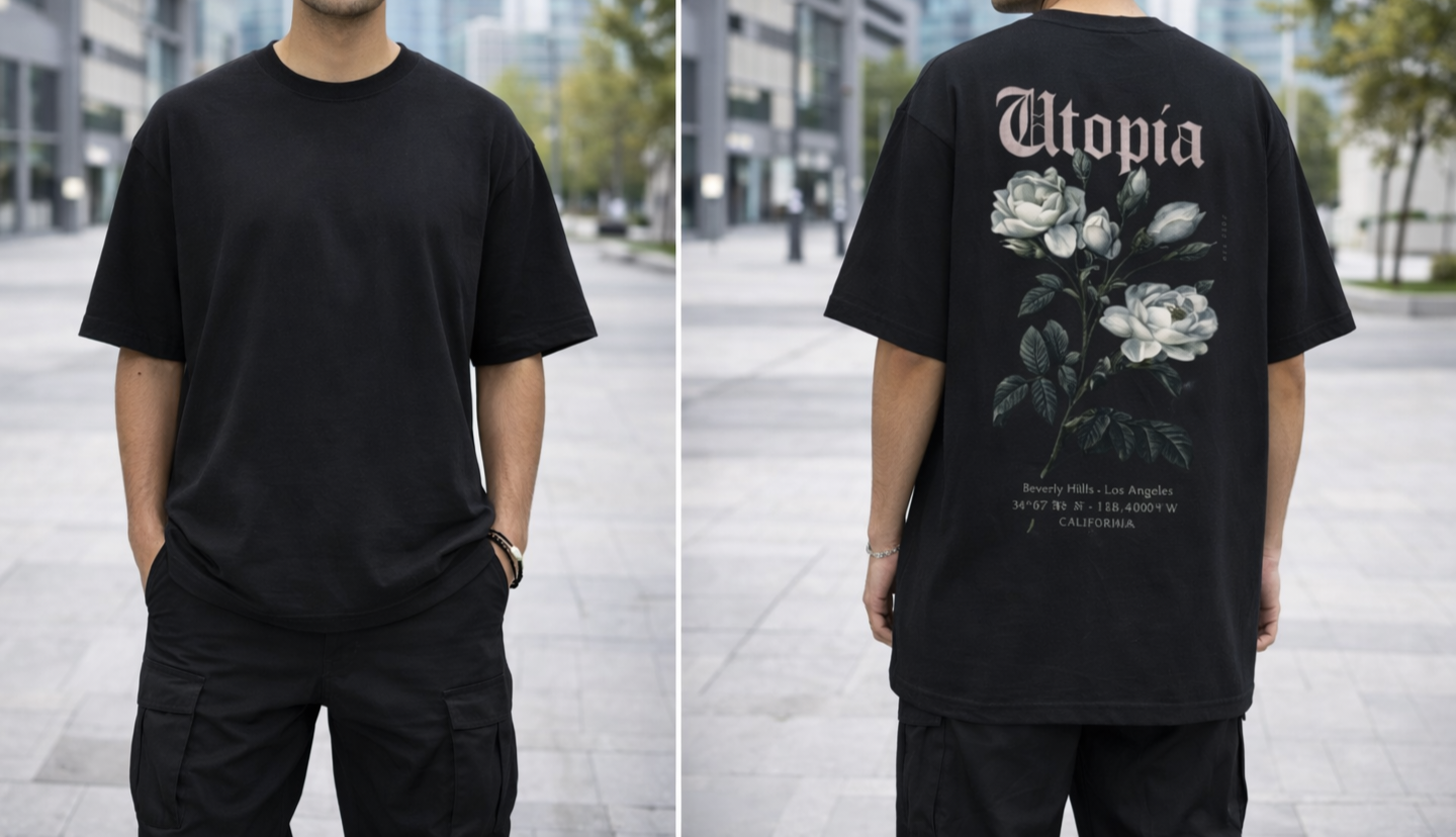 SFWORKS Utopia Rose Back Print Oversized T-Shirt (Unisex Cotton Streetwear Tee)