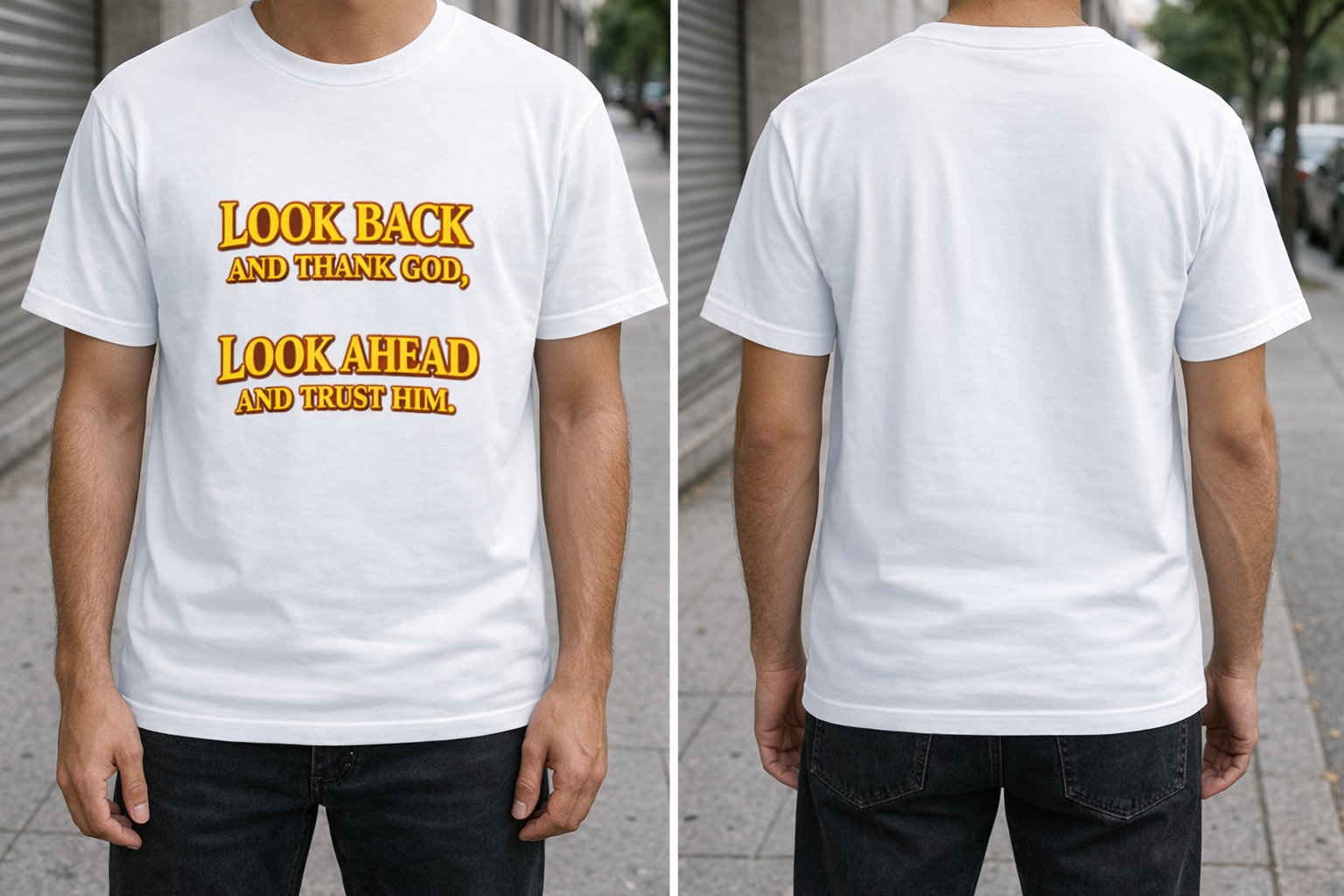 Faith Glow Typography T-Shirt – Look Back & Trust Him | Unisex Cotton Tee | SFWORKS