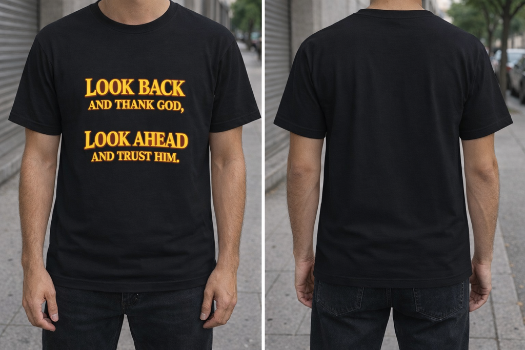 Faith Glow Typography T-Shirt – Look Back & Trust Him | Unisex Cotton Tee | SFWORKS