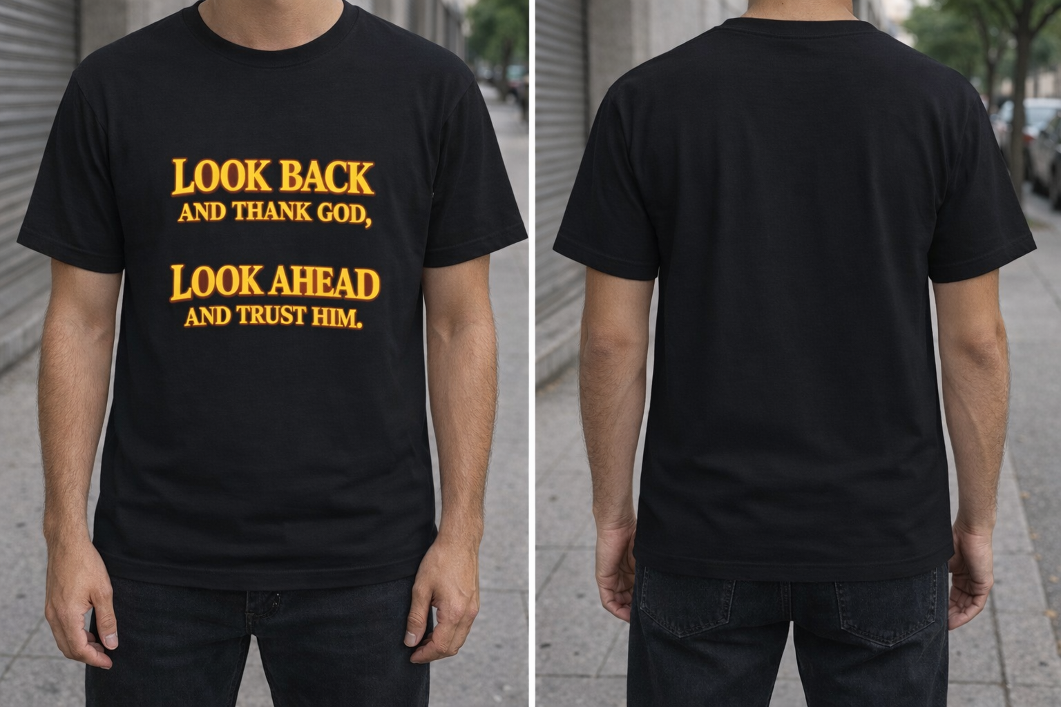 Faith Glow Typography T-Shirt – Look Back & Trust Him | Unisex Cotton Tee | SFWORKS