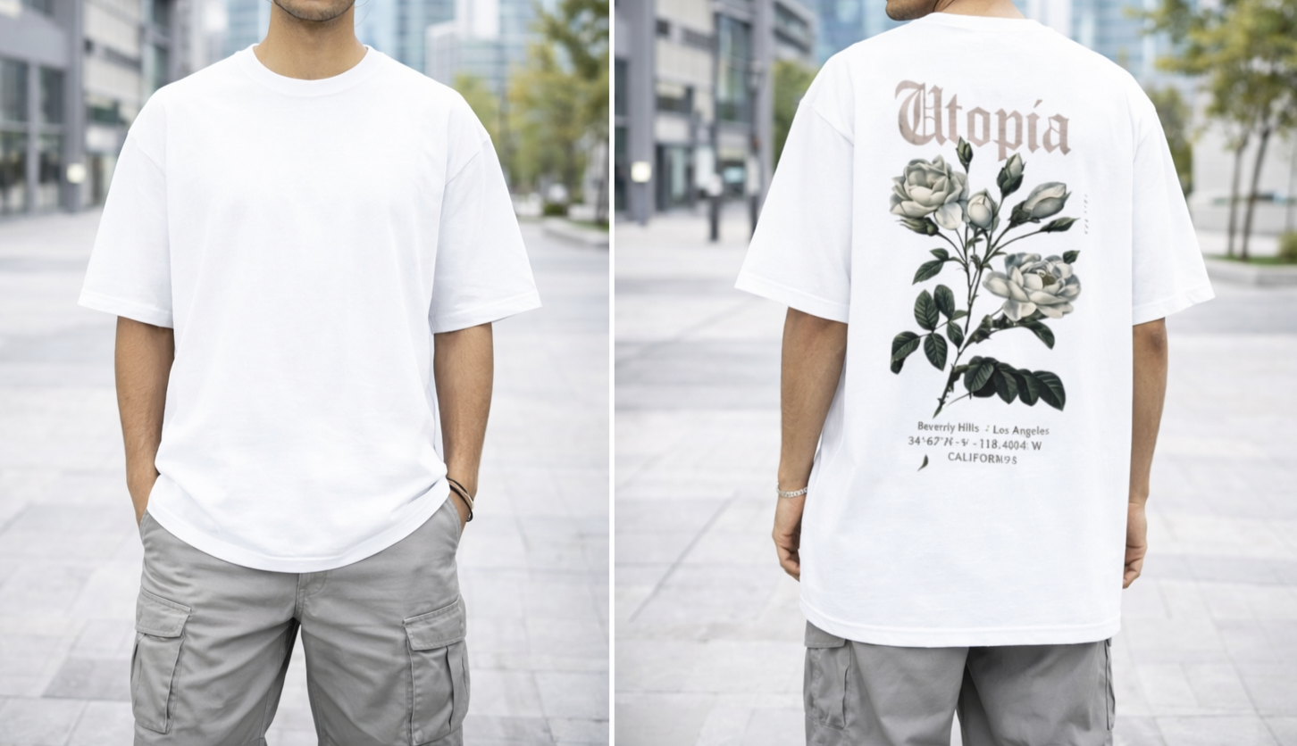 SFWORKS Utopia Rose Back Print Oversized T-Shirt (Unisex Cotton Streetwear Tee)
