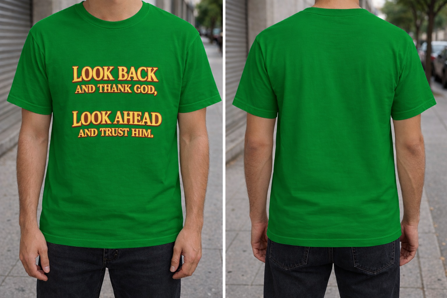 Faith Glow Typography T-Shirt – Look Back & Trust Him | Unisex Cotton Tee | SFWORKS